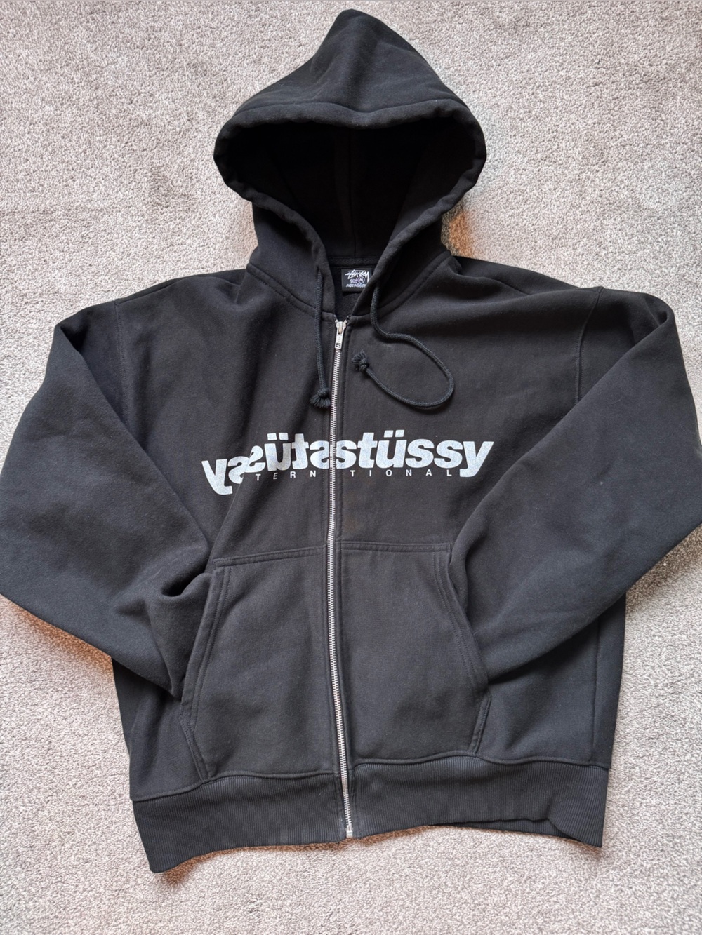 Stussy International Mirror Zip Hoodie Size Medium Oversized Boxy Fit Black